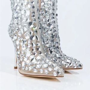 AKIRA l Azalea Wang Gemstone Embellished PVC Stiletto Booties, Size 9